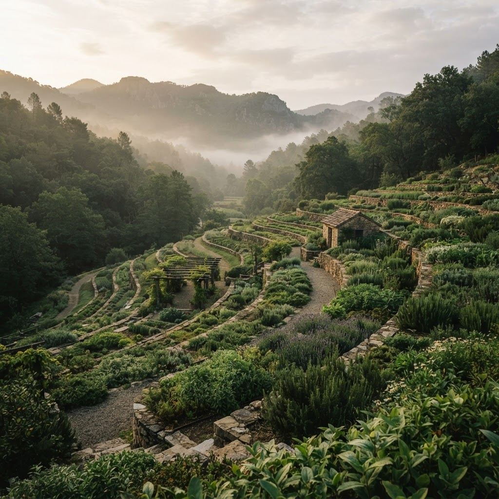 A terraced botanical farm in soft morning light