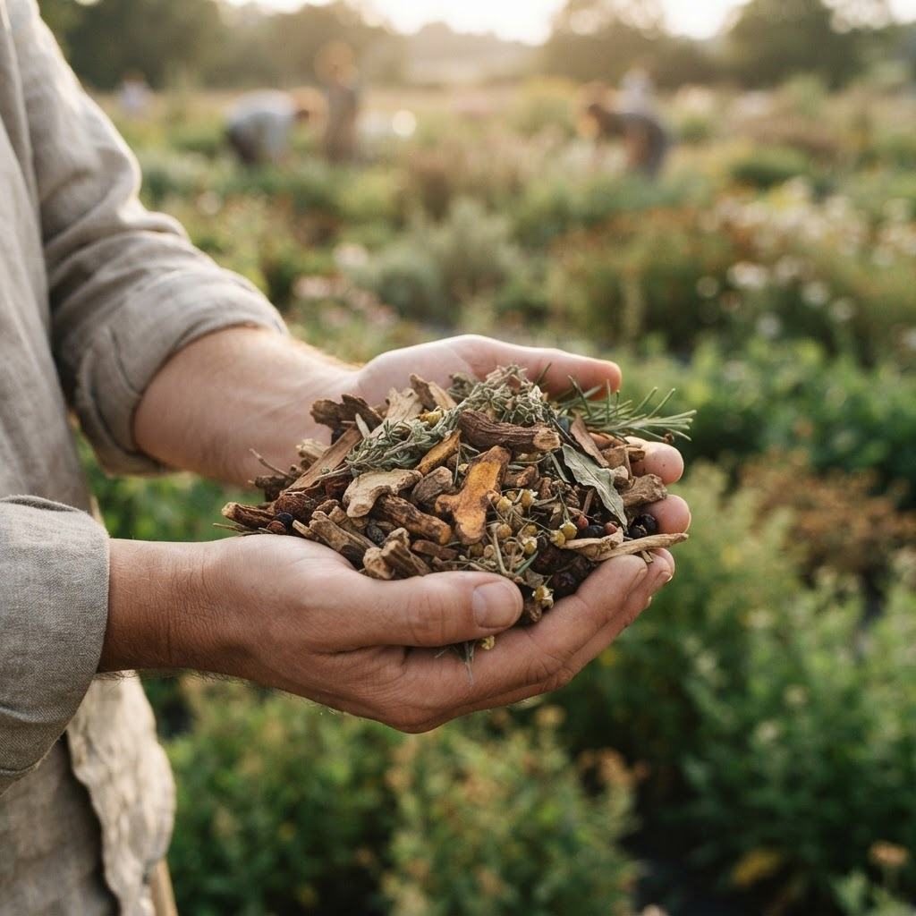 Hands holding freshly harvested botanical roots and herbs