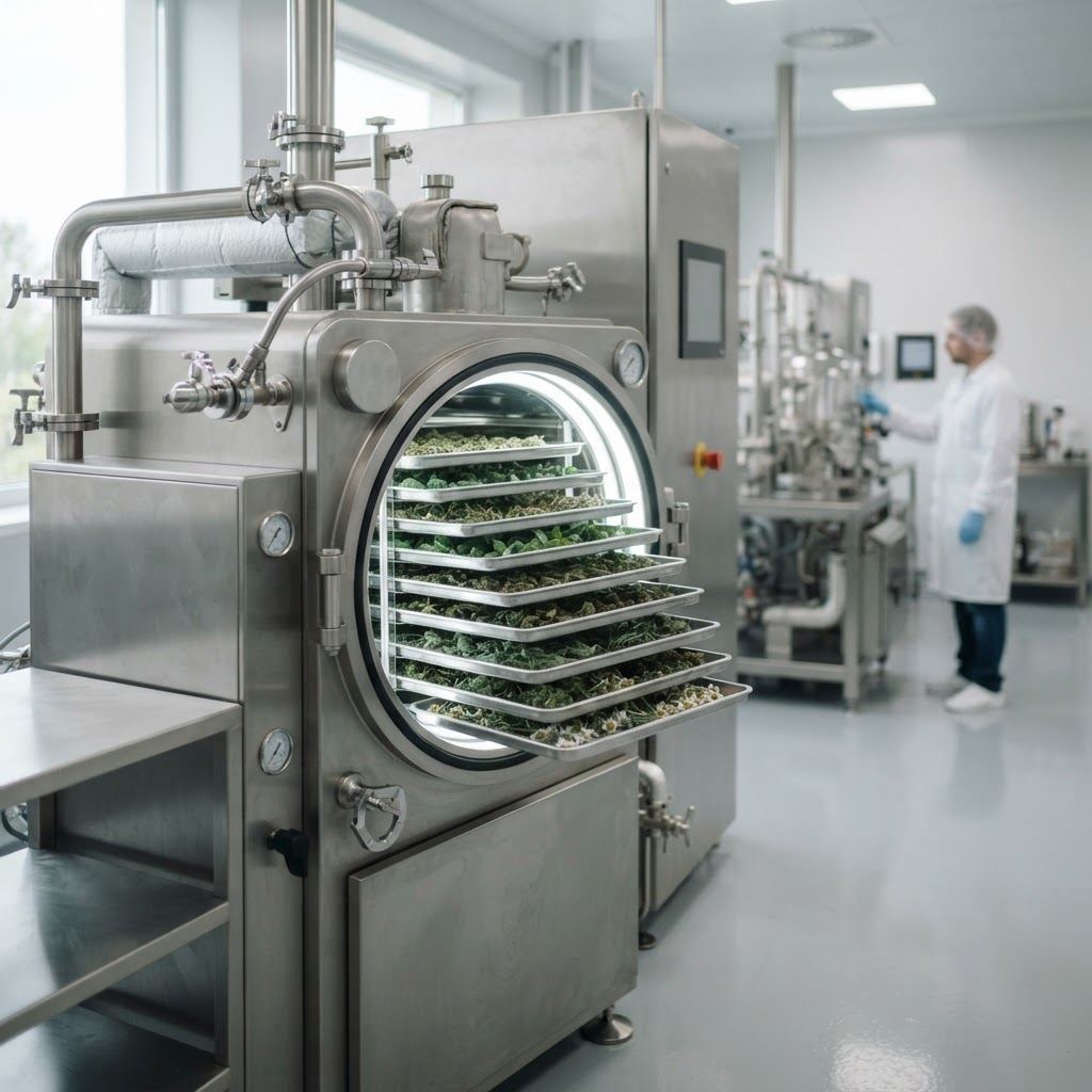 An industrial stainless-steel freeze-dryer with trays of green botanicals in a clean processing facility