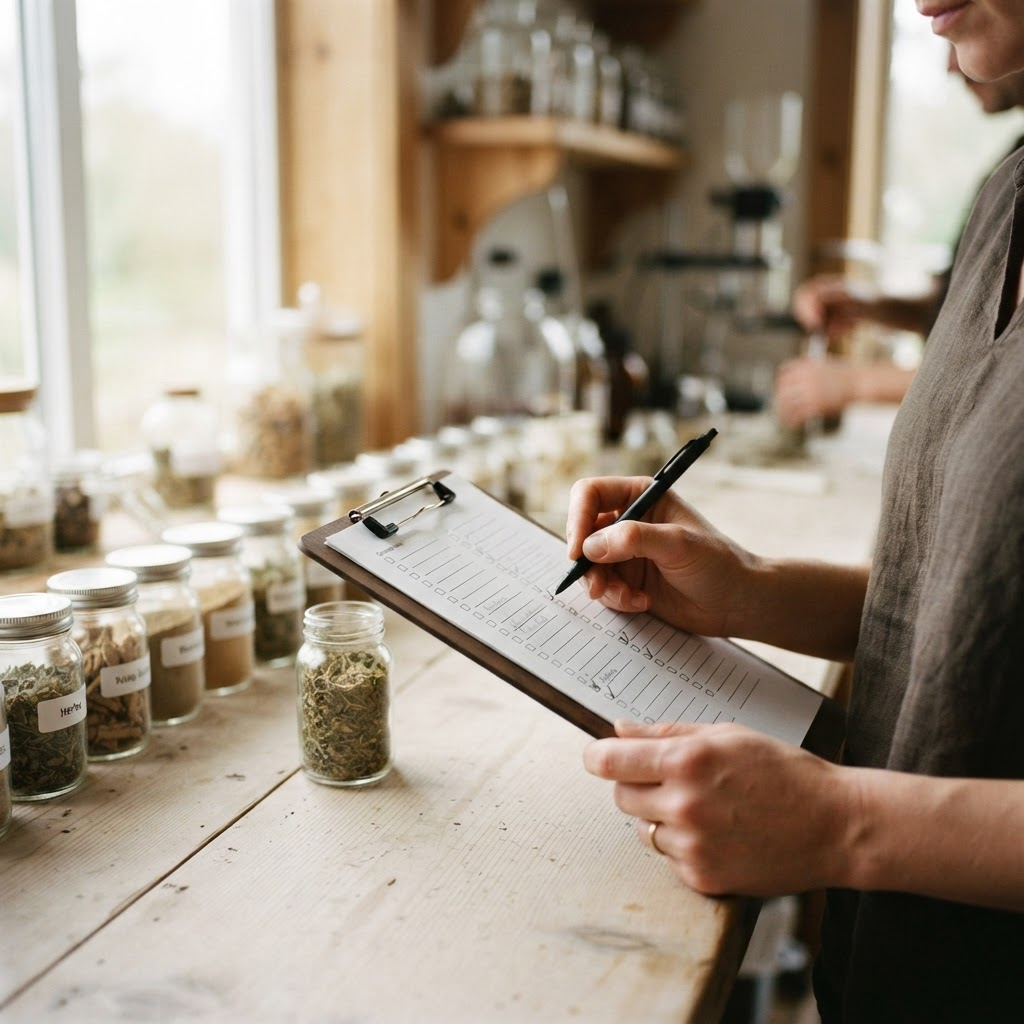 A person checking a clipboard checklist beside labelled sample jars of dried botanicals