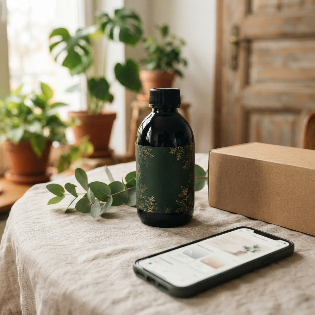 An Eluneya botanical bottle with a dark green label beside a kraft box, eucalyptus and a phone showing a digital product passport